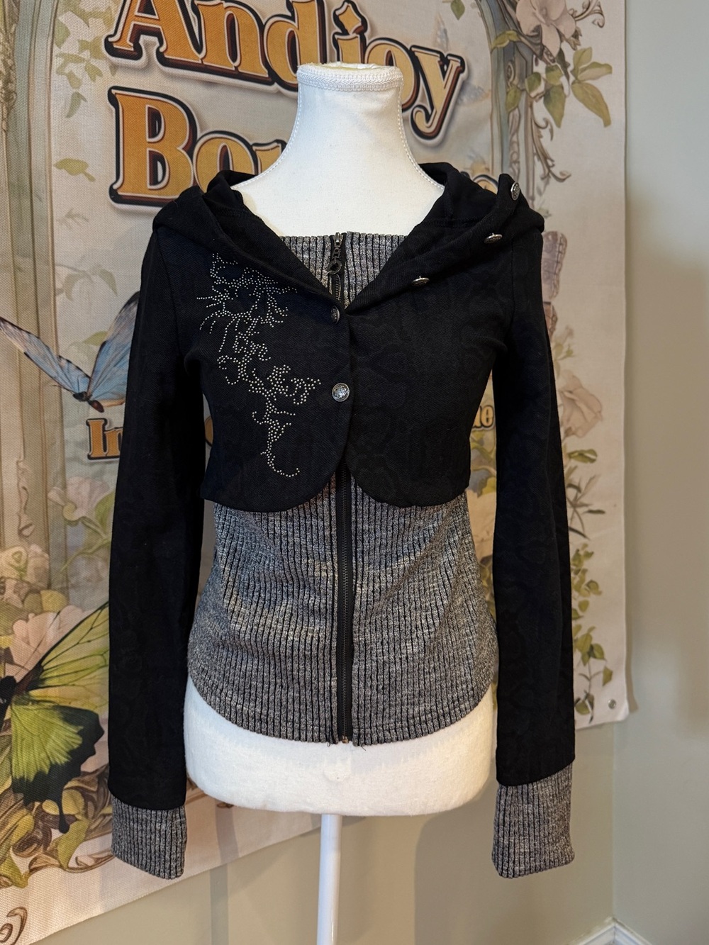 Women’s Black Hooded Cropped Jacket with Gray Knit Body